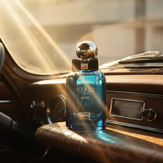 Hooked Azure by Rue Broca 100ml EDP bottle and box vintage car dashboard sunlight men fragrance