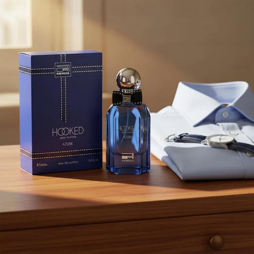 Hooked Azure by Rue Broca 100ml EDP bottle and box on dresser morning light men fragrance