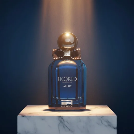 Hooked Azure by Rue Broca 100ml EDP bottle and box marble podium gold spotlight men fragrance
