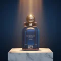 Hooked Azure by Rue Broca 100ml EDP bottle and box marble podium gold spotlight men fragrance