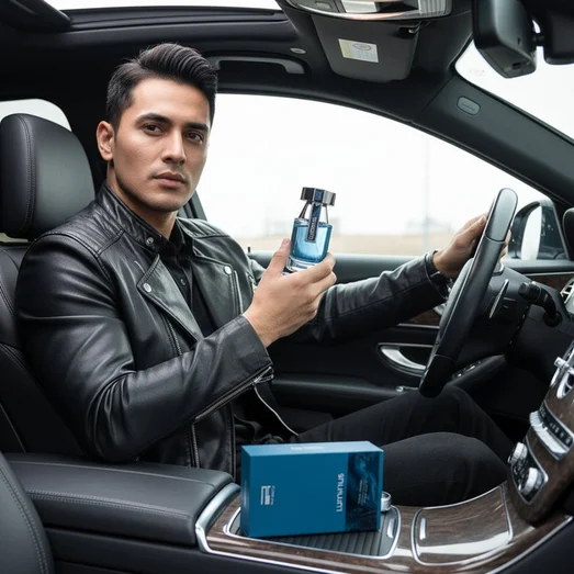 Malay man with Rue Broca Luminus Pour Homme bottle in leather jacket car men fragrance