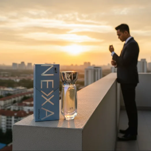 Nexa Immortal by Rue Broca 100ml EDP bottle and box balcony sunrise Malay man men fragrance