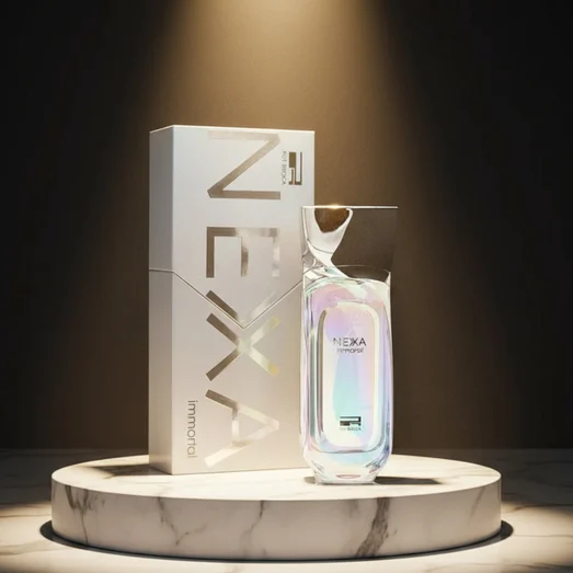 Nexa Immortal by Rue Broca 100ml EDP bottle and box marble podium spotlight men perfume