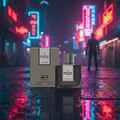 Rue Broca Pride Intense EDP bottle and box on rain-wet pavement KL neon lights men fragrance