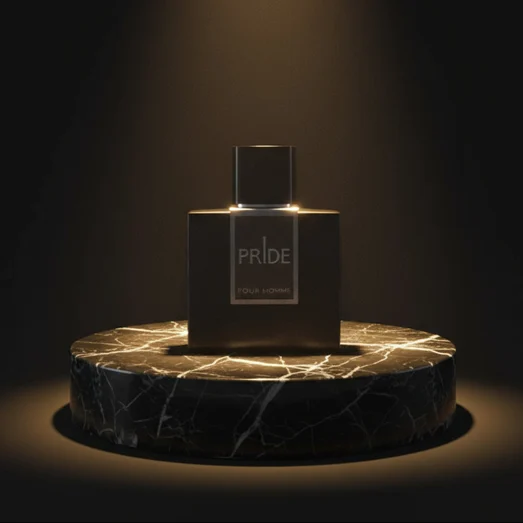Rue Broca Pride Pour Homme EDP bottle and box marble pedestal spotlight men fragrance