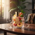Pride Pour Femme Perfume bottle with fruit design on a table, surrounded by fruits and water droplets.