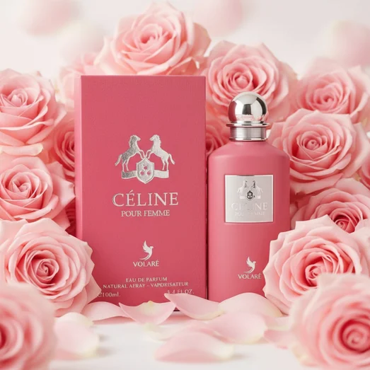 Celine pour Femme surrounded by pink roses romantic femininee luxury