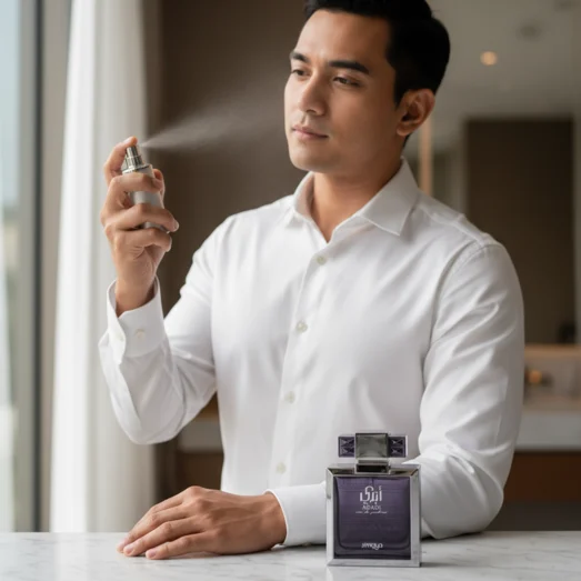 Malay lelaki in white shirt with Zimaya Abadi Opulent perfume on marble morning lelaki scent Malaysia