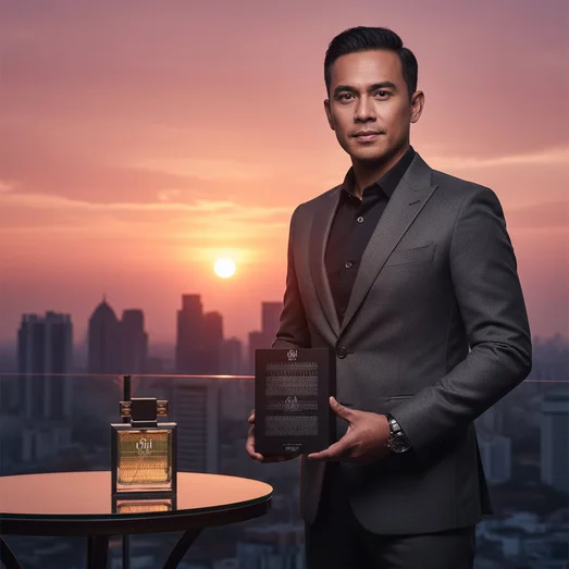 Malay man holding Zimaya Abadi Saga perfume box on rooftop sunrise KL skyline men fragrance