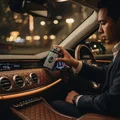 Malay man with Al Embratur Intense by Zimaya perfume in car dashboard KL night lights luxury scent