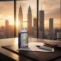 Al Embratur Intense by Zimaya perfume bottle on executive desk with KL city view men luxury scent