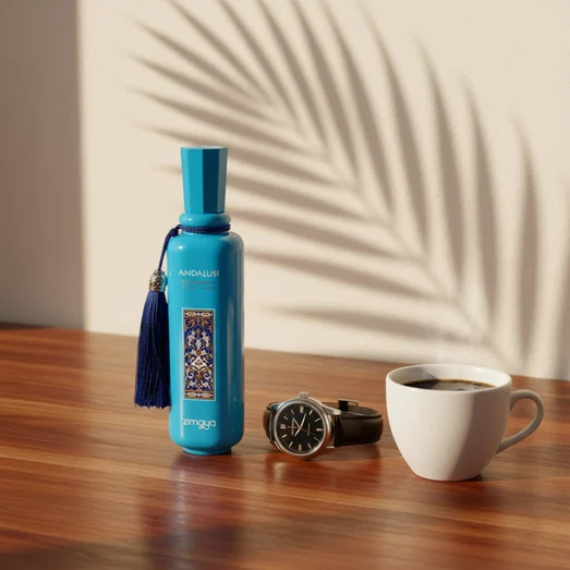 Andalusi Blue by Zimaya perfume bottle on desk with watch and coffee cup morning light