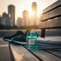 Mazaaj Rhythm by Zimaya perfume bottle on bench with sneakers and sunrise Kuala Lumpur fresh unisex scent