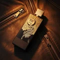 Men's perfume bottle on leather jacket amber reflection