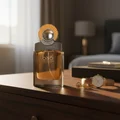 Bottle on a dark wooden dresser beside a gold wristwatch and cufflinks; warm sunrise light hits the amber glass
