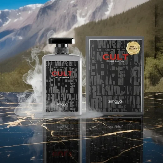 Cult by Zimaya perfume bottle on black marble with golden reflection luxury men fragrance