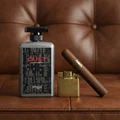 Cult by Zimaya perfume bottle on leather couch with cigar and lighter men fragrance