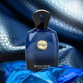 Blue perfume bottle labeled 'zimaya' with 'EVOLUTION' on a textured blue background