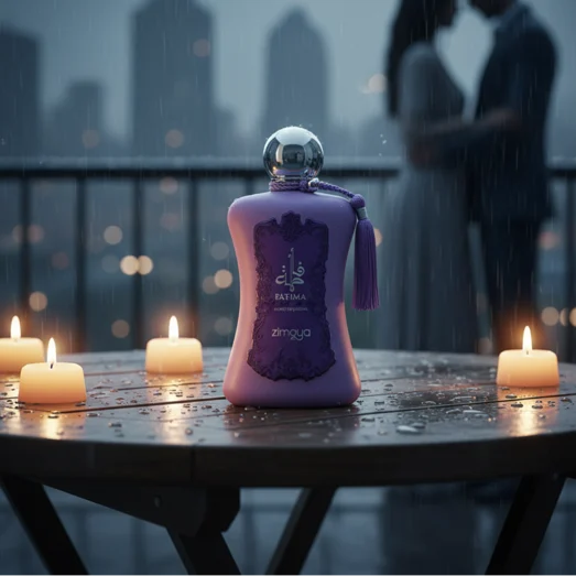 Fatima Velvet Love by Zimaya perfume bottle on balcony rain romantic women fragrance