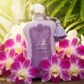 Fatima Velvet Love by Zimaya perfume bottle among orchids with dew drops tropical women perfume
