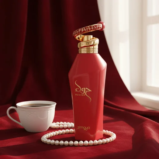 Hawwa Red by Zimaya perfume bottle on velvet cloth with coffee cup and pearls morning light
