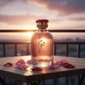 Hayam by Zimaya perfume bottle on balcony with rose petals and gold sunset romantic women fragrance