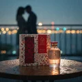 Hayam by Zimaya perfume bottle on balcony table rain and city light romantic fragrance