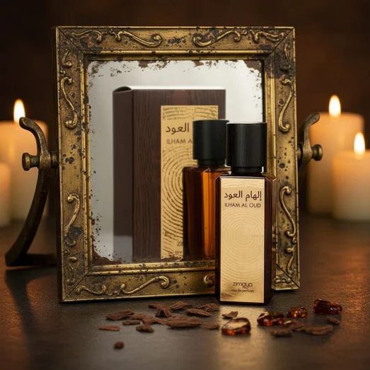 Ilham Al Oud Unisex perfume bottle reflected in antique brass mirror with oud amber