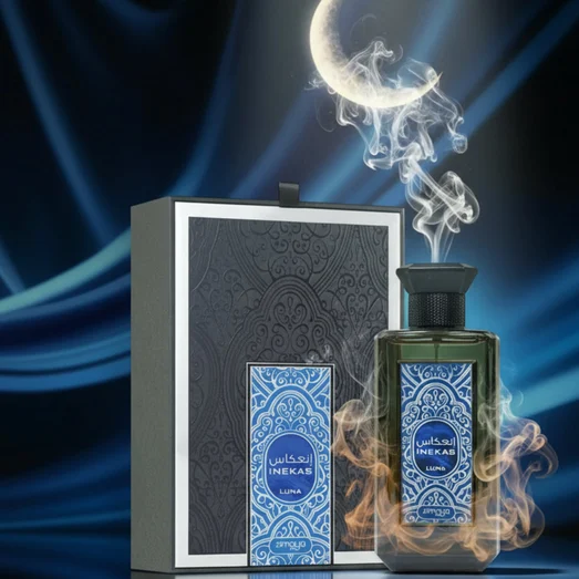 Inekas Luna perfume bottle glowing under moonlight with amber smoke moon