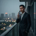 Malay man in suit holding perfume Inekas balcony night rain city