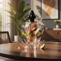 Glass perfume bottle with fruit on a wooden table in a room with plants and a painting
