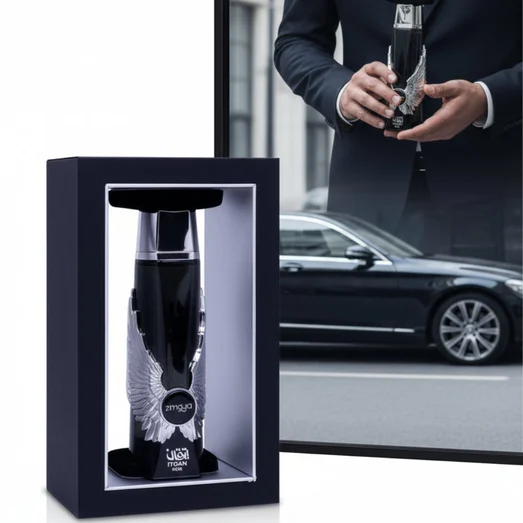 Itqan Noir by Zimaya perfume bottle in man's hand wearing suit with luxury car reflection