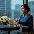 Malay woman holding Taraf White by Zimaya perfume at rainy window in