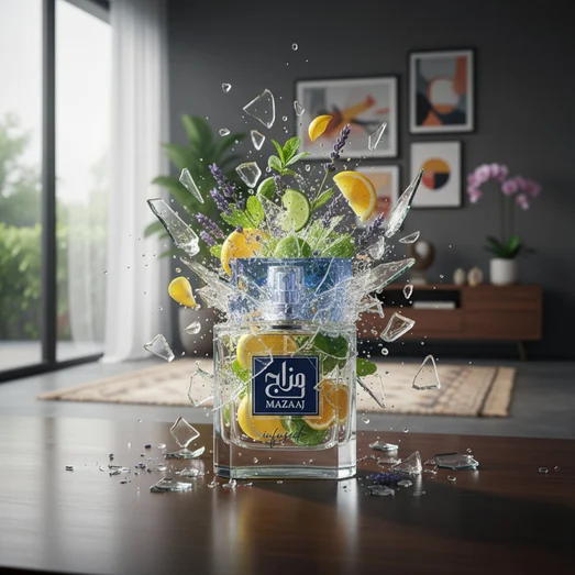 Perfume bottle broken with 'Mazaaj' branding on a white background