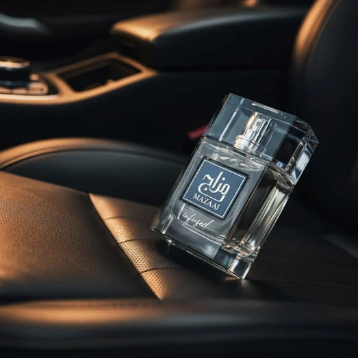 Mazaaj Infused by Zimaya perfume bottle on black leather car seat amber light luxury men scent