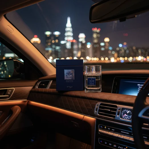 Mazaaj Infused by Zimaya perfume bottle on luxury car dashboard with KL city lights night masculine fragrance
