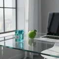 Mazaaj Rhythm by Zimaya perfume bottle on office desk with green apple and sunlight
