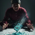 Person with a surprised expression looking at a shattered blue glass container on a dark background