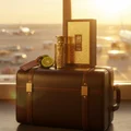 Men's luxurious fragrance bottle on carry-on bag airport golden hour - Modhesh Aura by Zimaya