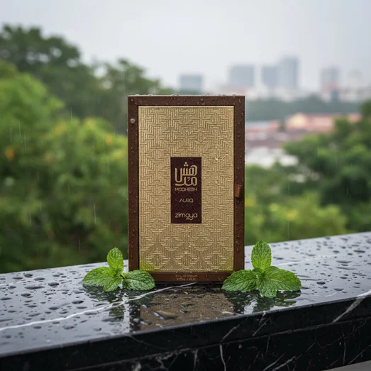 Men's oriental woody perfume bottle on rain-wet black marble with mint leaves – Modhesh Aura