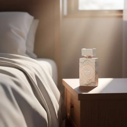 Musk Is Great by Zimaya perfume bottle on bedside table with white sheets sunlight