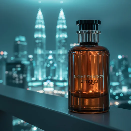 Night Shadow by Zimaya perfume bottle on balcony with Kuala Lumpur skyline city lights night fragrance