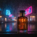Night Shadow by Zimaya perfume bottle near rainy window with neon city reflection night fragrance