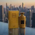 Noor Oud Dubai by Zimaya perfume bottle on glass balcony overlooking Dubai skyline luxury unisex perfume