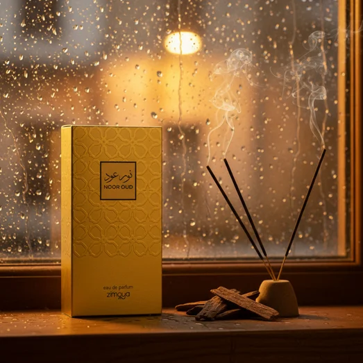 Noor Oud Dubai by Zimaya perfume bottle on rainy window ledge with oud chips and incense luxury scent