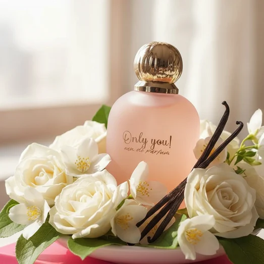 Only You by Zimaya Perfume Elixir bottle among white flowers and vanilla pods sunlight