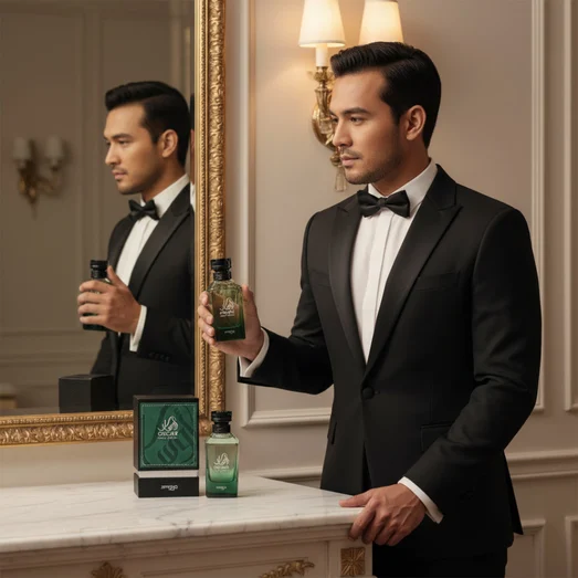 Malay man in tuxedo holding Oscar by Zimaya perfume bottle and box elegantt men fragrance
