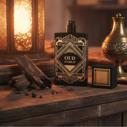 Oud Is Great by Zimaya perfume bottle on wooden counter with oud logs and lantern heritage