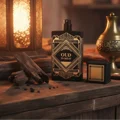 Oud Is Great by Zimaya perfume bottle on wooden counter with oud logs and lantern heritage