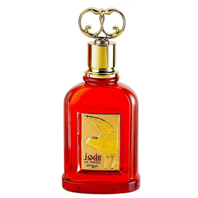 Perfume bottle with black cap and visible brand logo on a white background